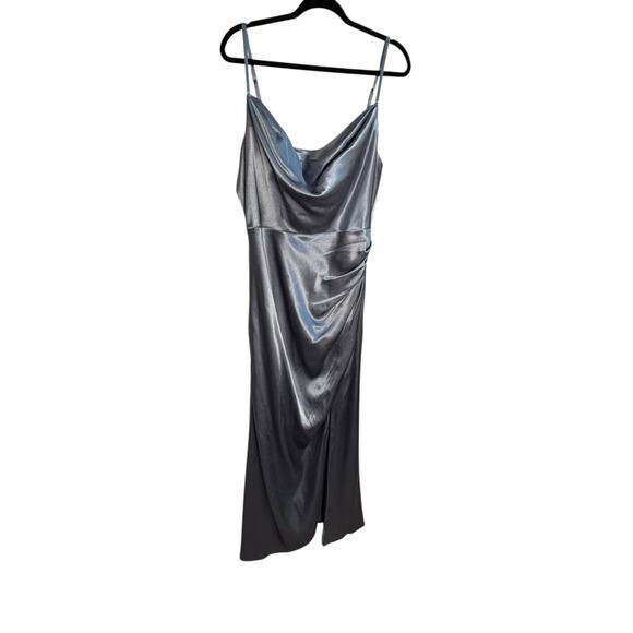 JJ’s House Dusty Blue Metallic Satin Cowl Neck Evening Gown NWT – Size 16W - Picture 9 of 16